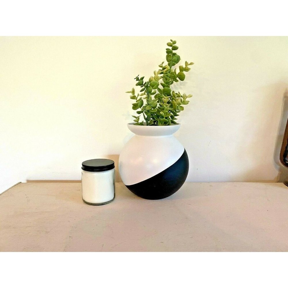 Round Glass Flower Vase 7" Black White Classic Decor Hand Painted Plant Pot